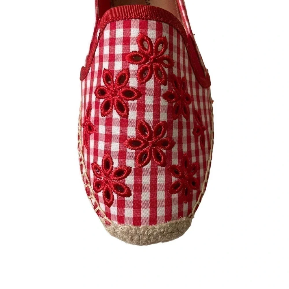 Isaac Mizrahi Live! Red Gingham Ladies Espadrilles Eyelet Embroidery Size 9 M